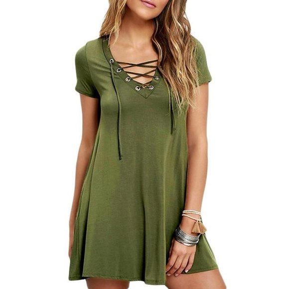 Dresses & Skirts - Lace-Up Neck High Low Shirt Dress Size L